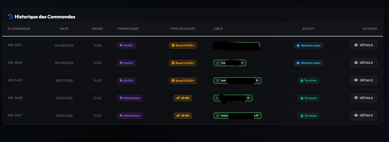 Historique de commandes MetricsBooster dans mon dashboard client
